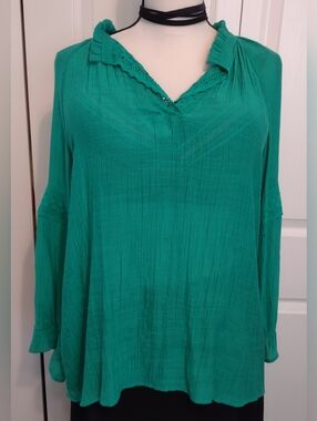 Gauze Tunic Peacock Green V Neck Crochet Shoulder Trim 3/4 Sleeve Yoke